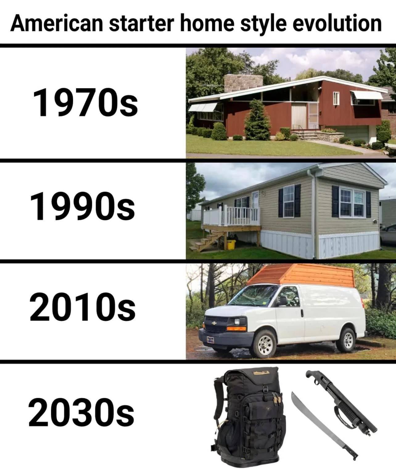 This meme is a humorous commentary on the evolution of American culture and lifestyle. It presents a series of images, each representing a different decade, from the 1950s to the 2020s, showcasing the changes in fashion, technology, and societal norms. The text above each image reads: "1950s: I have a house, a car, and a family. 1960s: I have a house, a car, and a family. 1970s: I have a house, a car, and a family. 1980s: I have a house, a car, and a family. 1990s: I have a house, a car, and a family. 2000s: I have a house, a car, and a family. 2010s: I have a house, a car, and a family. 2020s: I have a smartphone, internet, and therapy."
